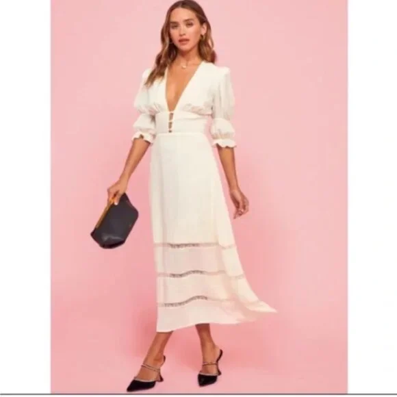 Reformation Ginny Lace-Trimmed Pintucked Georgette Midi Dress Size 6 Ivory White - Picture 5 of 15